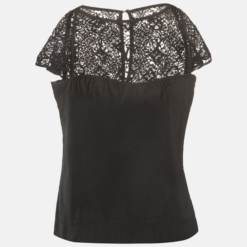 Louis Vuitton Black Lace And Cotton Cap Sleeve Top M